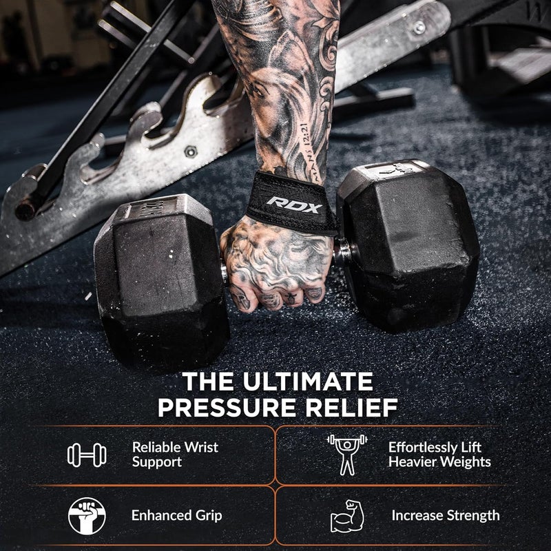 Rdx أحزمة رفع للأثقال – حزام معصم ثقيل من القطن 100% مع حشوة نيونبرين بسمك 5 مم، 60 سم من الأشرطة المضادة للانزلاق لتمارين الرفعات المميتة ورفع الأثقال، للرجال والنساء - Image 5